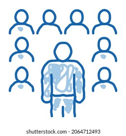 Redner vor Publikumskizze Symbol Vektor. Handgezeichneter, blauer Dodle-Line-Redner, der vor dem Zuschauerzeichen steht. einzelne Symbolillustration