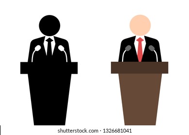 Speaker is standing behind the rostrum - politician and businessman is wearing formal black suit and speaking to microphone - public speech on podium. Vector illustration