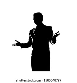 Speaker standing and gesturing with hands, ink drawing, isolated vector silhouette