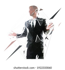 Speaker standing and gesturing with hands, low polygonal isolated vector illustration from triangles