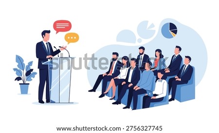 Speaker standing at a podium and addressing a large audience during a business seminar or conference with data visualization charts.