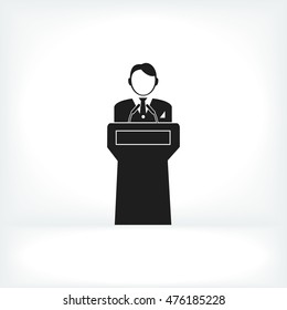 Speaker stands behind the podium, vector best flat icon, EPS