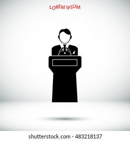 Speaker stands behind the podium, vector best flat icon, EPS