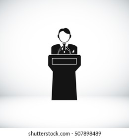 Speaker stands behind the podium, vector best flat icon, EPS