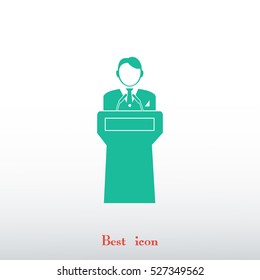 Speaker stands behind the podium, vector best flat icon, EPS