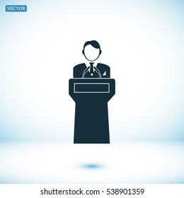 Speaker stands behind the podium, vector best flat icon, EPS