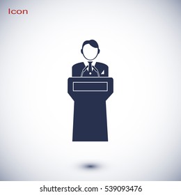Speaker stands behind the podium, vector best flat icon, EPS