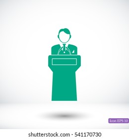 Speaker stands behind the podium, vector best flat icon, EPS