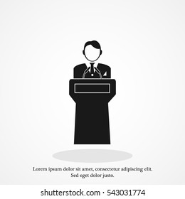 Speaker stands behind the podium, vector best flat icon, EPS
