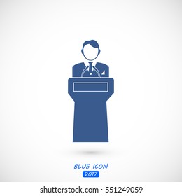 Speaker stands behind the podium, vector best flat icon, EPS