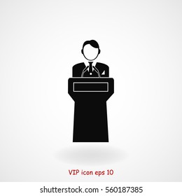 Speaker stands behind the podium, vector best flat icon, EPS