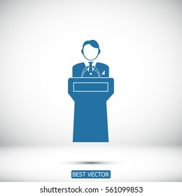 Speaker stands behind the podium, vector best flat icon, EPS