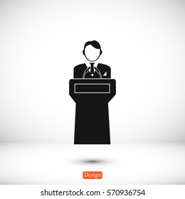 Speaker stands behind the podium, vector best flat icon, EPS