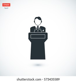 Speaker stands behind the podium, vector best flat icon, EPS