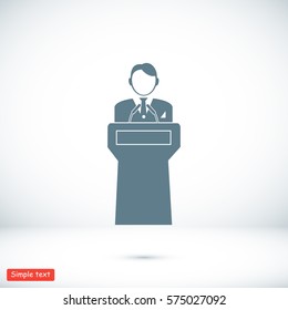 Speaker stands behind the podium, vector best flat icon, EPS