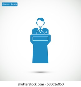 Speaker stands behind the podium, vector best flat icon, EPS