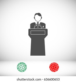 Speaker stands behind the podium, vector best flat icon, EPS
