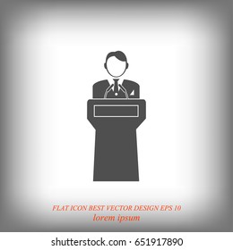Speaker stands behind the podium, vector best flat icon, EPS