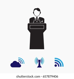 Speaker stands behind the podium, vector best flat icon, EPS