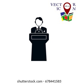 Speaker stands behind the podium, vector best flat icon, EPS
