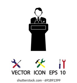 Speaker stands behind the podium, vector best flat icon, EPS