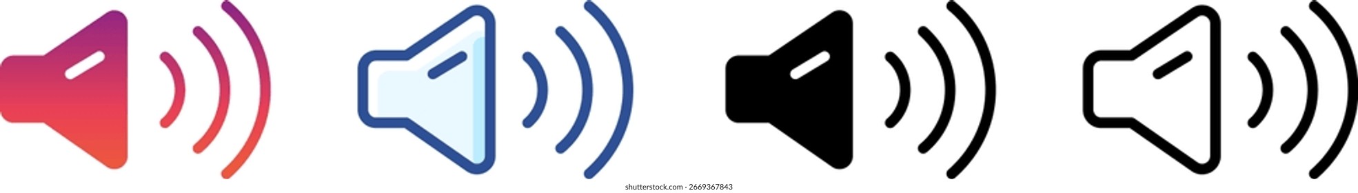 Altavoz con el icono de ondas de sonido fuerte establecido en degradado, contorno y estilos sólidos. Perfecto para reproductores de música, sistemas de sonido, podcasts y marca de medios