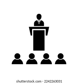 Speaker and students in the hall - black icon on white background vector illustration for website, mobile application, presentation, infographic. Business presentation concept sign.