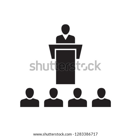 Speaker and students in the hall - black icon on white background vector illustration for website, mobile application, presentation, infographic. Business presentation concept sign. 