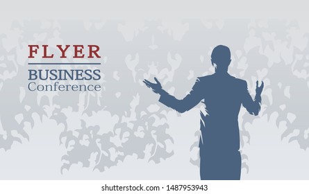 Speaker in suit gesturing at business conference in front of an audience, flat design vector illustration, business meeting or political campaign, flyer