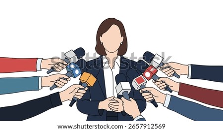 Speaker surrounded by many microphones and reporters awaiting a statement