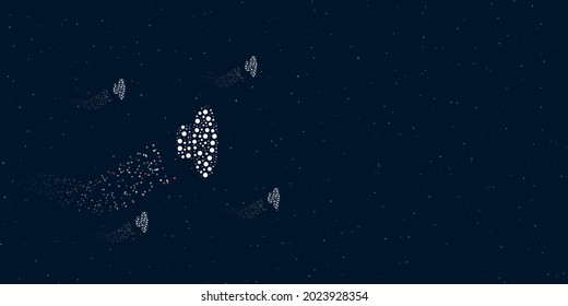 A speaker symbol filled with dots flies through the stars leaving a trail behind. Four small symbols around. Empty space for text on the right. Vector illustration on dark blue background with stars