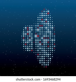 The speaker symbol filled with white dots. Some dots is red. Vector illustration on blue background with stars