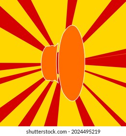 Speaker symbol on a background of red flash explosion radial lines. The large orange symbol is located in the center of the sun, symbolizing the sunrise. Vector illustration on yellow background