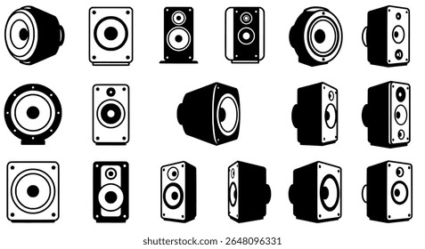 Speaker system icon set - silhouette stereo and subwoofer symbols - scalable vector illustrations for print, packaging, signage, or digital use