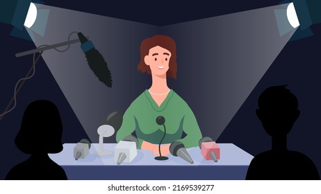 Speaker at table at press conference. Interview, communication with journalists, mass media. Person giving comments, speaking to reporters with microphones. Vector illustration