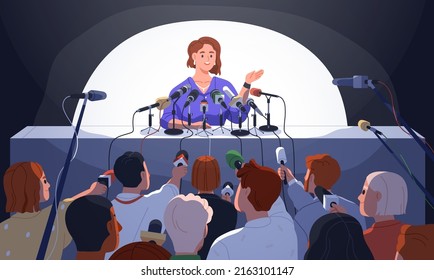 Speaker at table at press conference. Official meeting, interview, communication with journalists, mass media. Person giving comments, speaking to reporters with microphones. Flat vector illustration