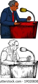 A speaker talking into a microphone on a pulpit. Hand drawn vector illustration.