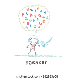 speaker is talking into a microphone and thinks of Letters