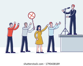 Speaker talking from tribune to angry audience. Orator on demonstration. Public meeting or political debate event. Protesters reaction on leader speech. Linear vector illustration