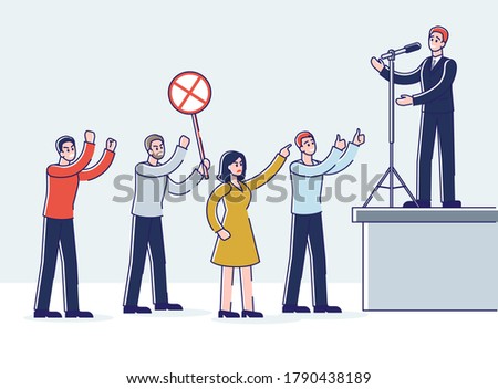 Speaker talking from tribune to angry audience. Orator on demonstration. Public meeting or political debate event. Protesters reaction on leader speech. Linear vector illustration
