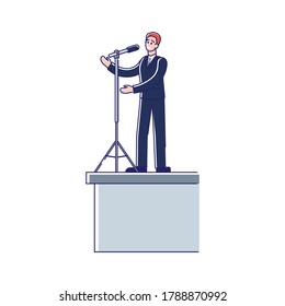 Speaker talking from tribune. Business man in suit speech in microphone to audience from podium during conference or political debates. Cartoon orator. Linear vector illustration