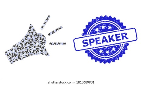 Lautsprecher strukturierte Stempel- und Vektorfraktal-Collage-Soundlautsprecher. Blue Stempel hat eine Speaker-Beschriftung in Rosette. Die Vektorgrafik wird aus wiederkehrenden rotierten Soundsprecherartikeln hergestellt.