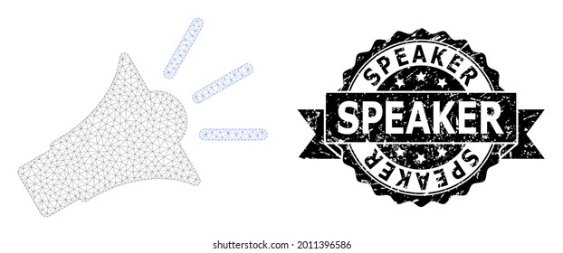 Speaker textured stamp and vector sound speaker mesh model. Black stamp contains Speaker tag inside ribbon and rosette. Abstract flat mesh sound speaker, built from flat mesh.