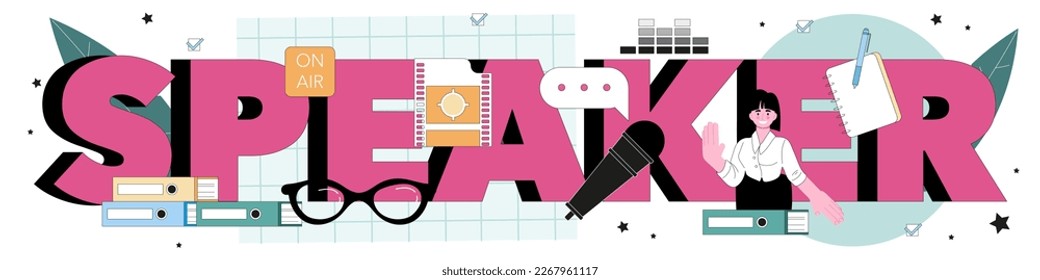 Speaker typographic header. Voice actor dubbing a movie, audio book or radio announcer. Character talking through the microphone at the studio. Flat vector illustration