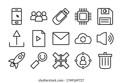 speaker and user interface icon set over white background, line style, vector illustration
