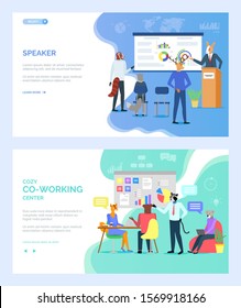 Speaker vector, deer animal giving presentation to listeners, whiteboard with information, businessman on cozy coworking center with colleagues. Website or webpage template, landing page flat style