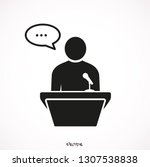 	
Speaker vector icon isolated on yellow background. Orator speaking from tribune illustration. Public speaking clipart. Simple flat narrator pictogram.