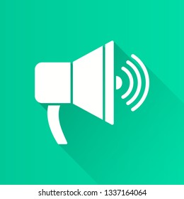 Speaker vector icon with long shadow. White illustration isolated on green background for graphic and web design.