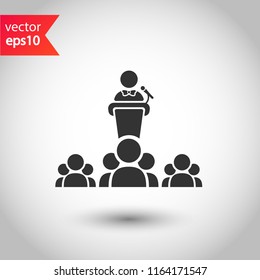 Speaker vector icon. Podium speech sign. Conference presentation speech icon. Tribune orator speech sign. Audience spokesman symbol. EPS 10 flat symbol.