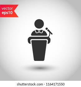 Speaker vector icon. Podium speech sign. Conference presentation speech icon. Tribune orator speech sign. Audience spokesman symbol. EPS 10 flat symbol.